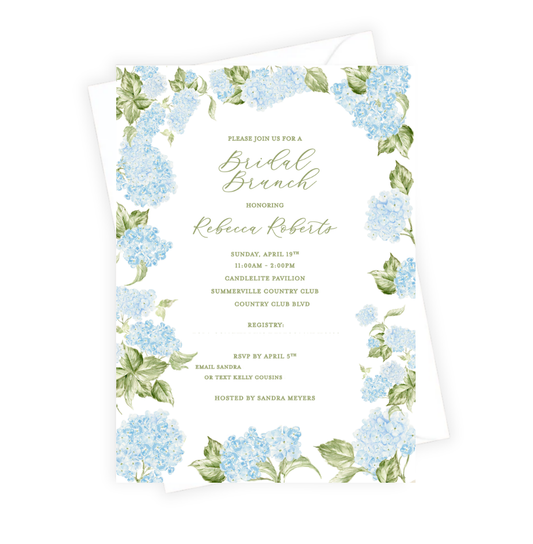 Invitation card with blue floral border and text on a white background