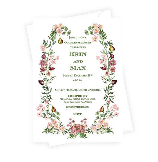 Floral invitation card with text for a couples shower