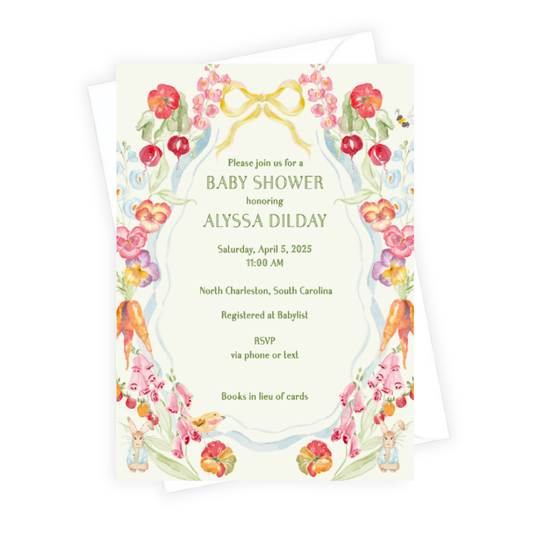Colorful baby shower invite with illustrations of bunnies, carrots, garden