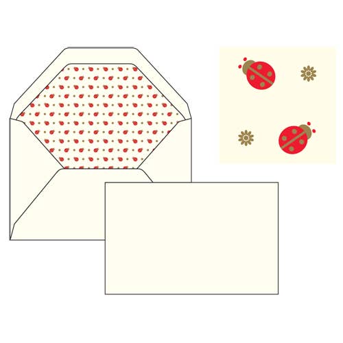 Set of stationery items including a card, envelope, and stickers with ladybug designs.