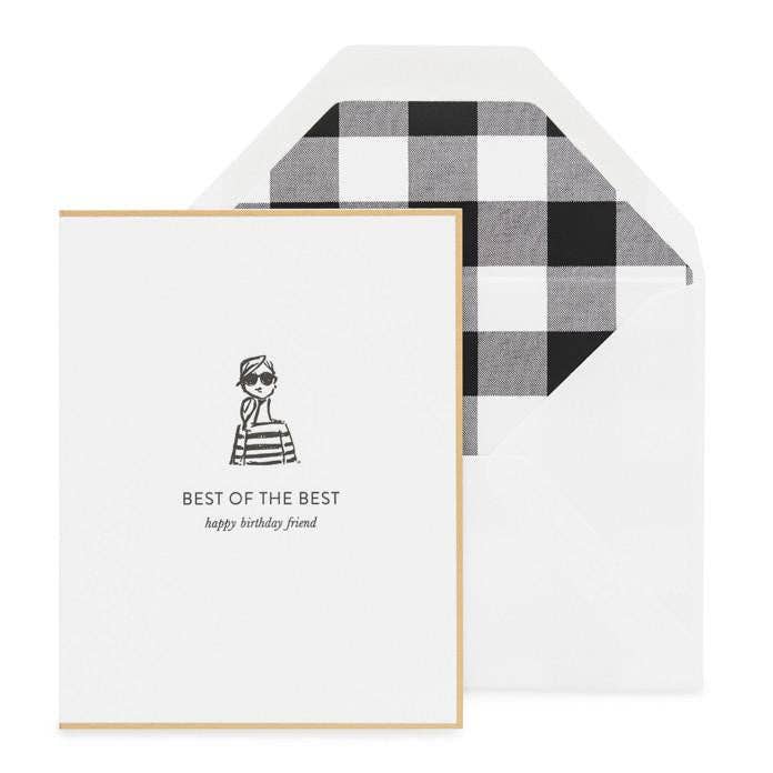 Greeting card with black and white illustration and text, featuring a checkered envelope liner.