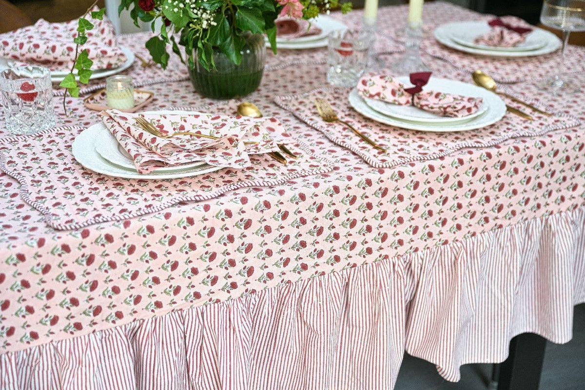 Block Printed Ruffled Tablecloth - Ditsy Floral Scarlet