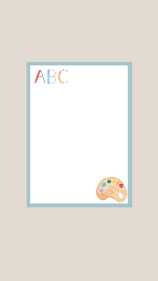 Notebook with 'ABC' and paint palette illustration