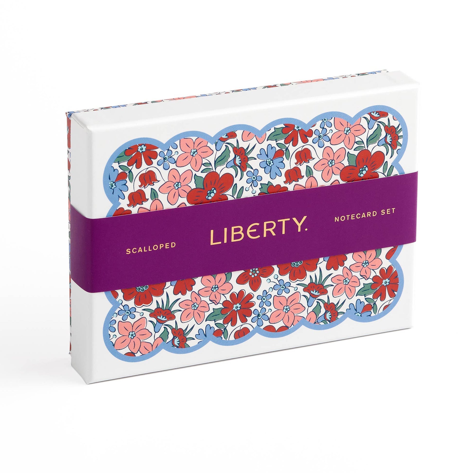 Box of Liberty notecards with floral design and purple band