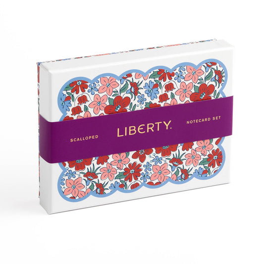 Box of Liberty notecards with floral design and purple band