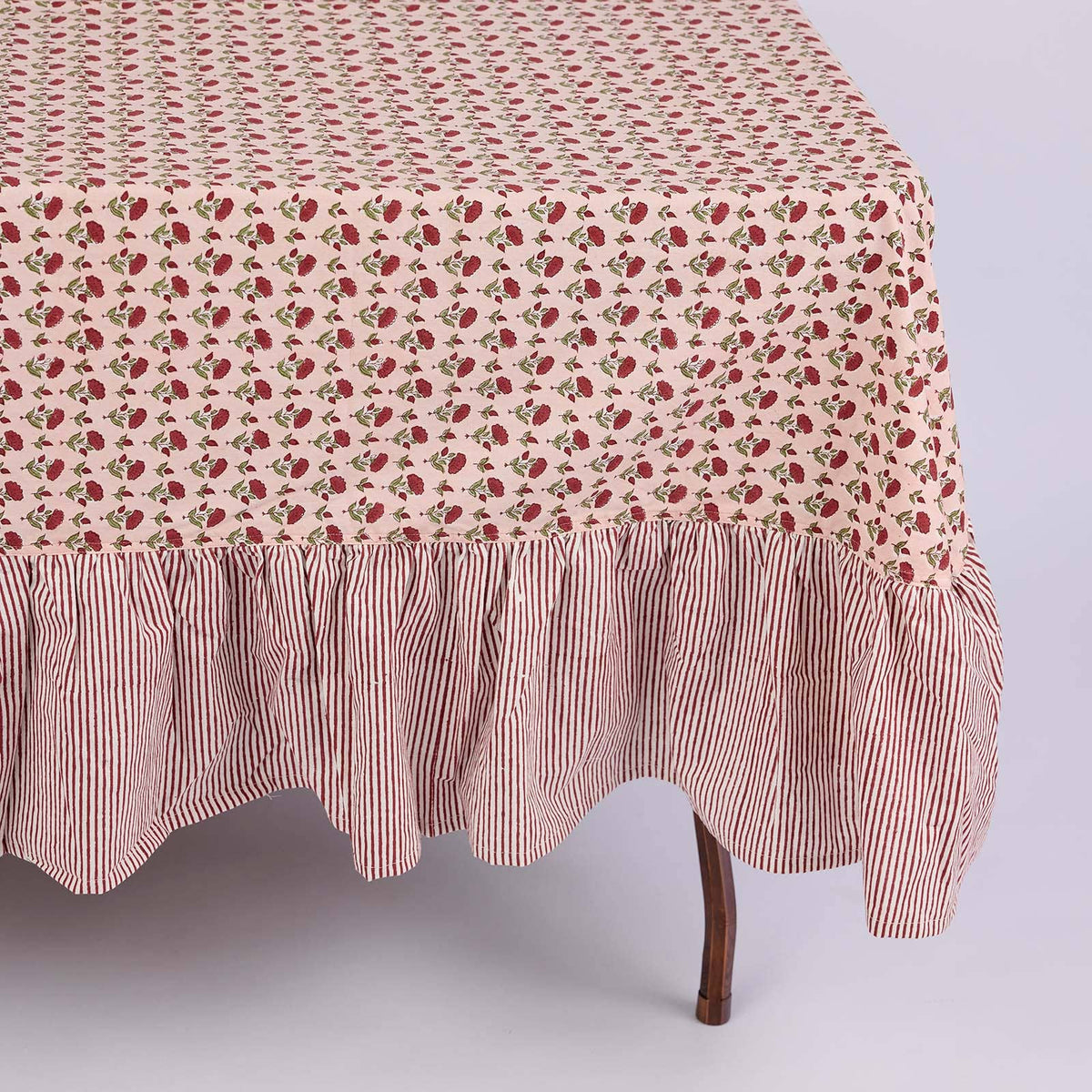 Block Printed Ruffled Tablecloth - Ditsy Floral Scarlet