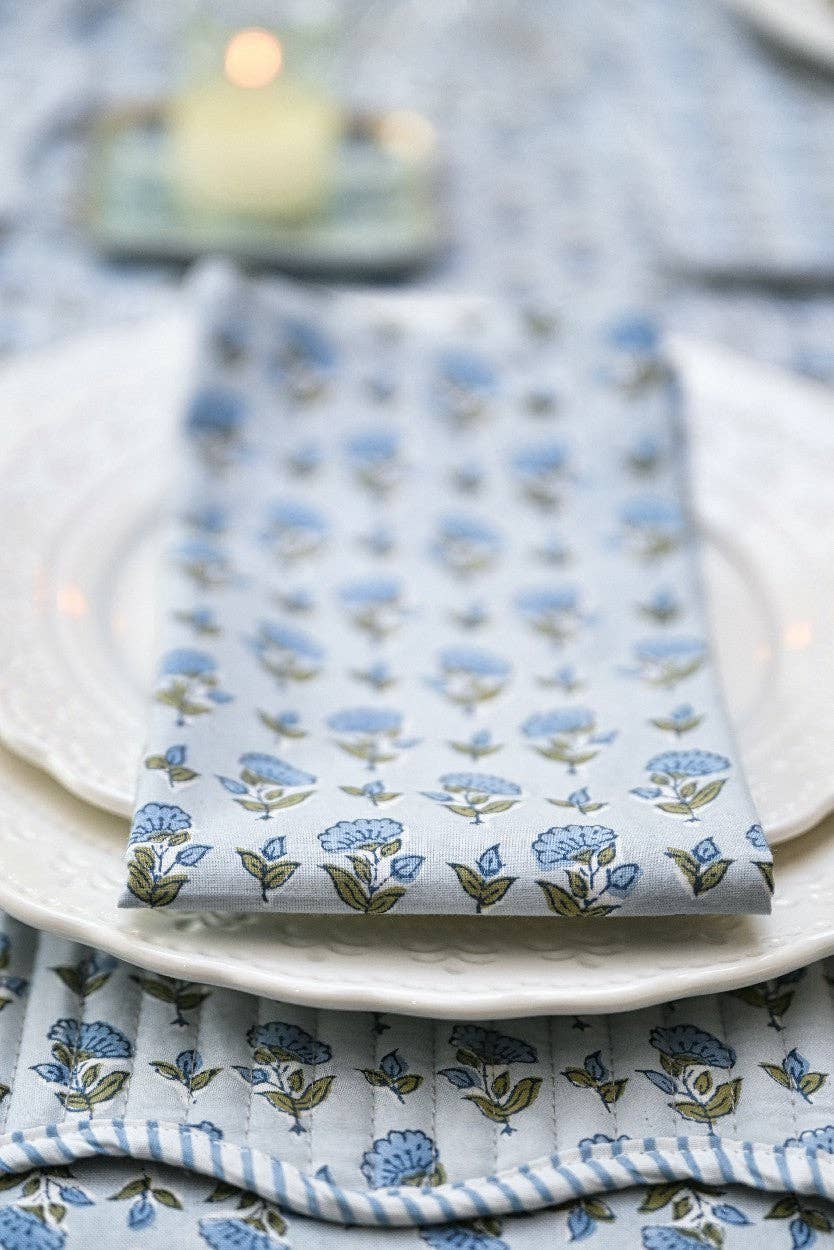 Block Printed Napkins Set of 4 - Ditsy Floral Blue Stone