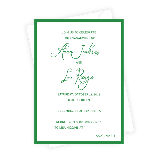 Engagement invitation card with green text on a white background