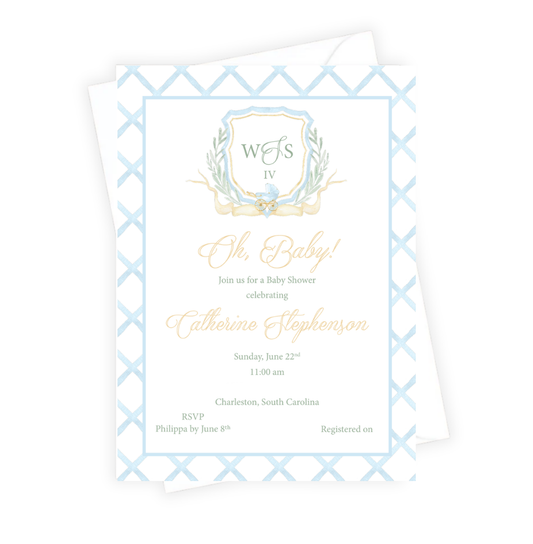 Baby shower invitation with decorative elements on a white background