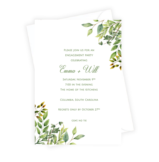 Invitation card with green leaf designs on a white background