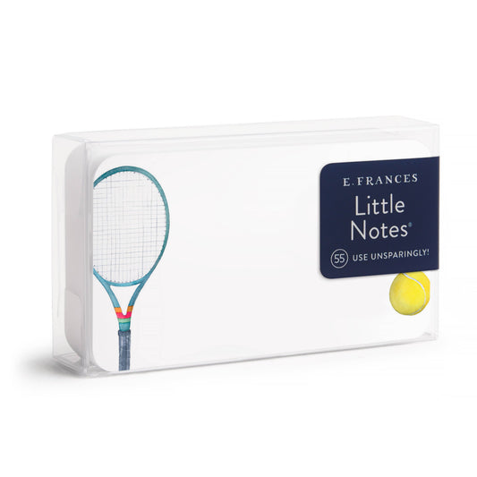 Packaged product with tennis racket design and 'E. Frances Little Notes' branding on a white background