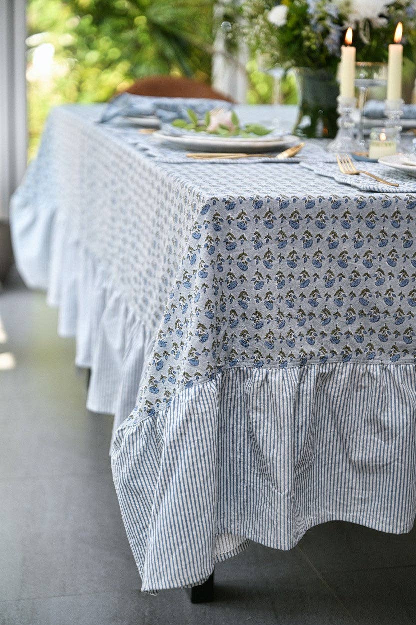 Block Printed Ruffled Tablecloth - Ditsy Floral Blue Stone