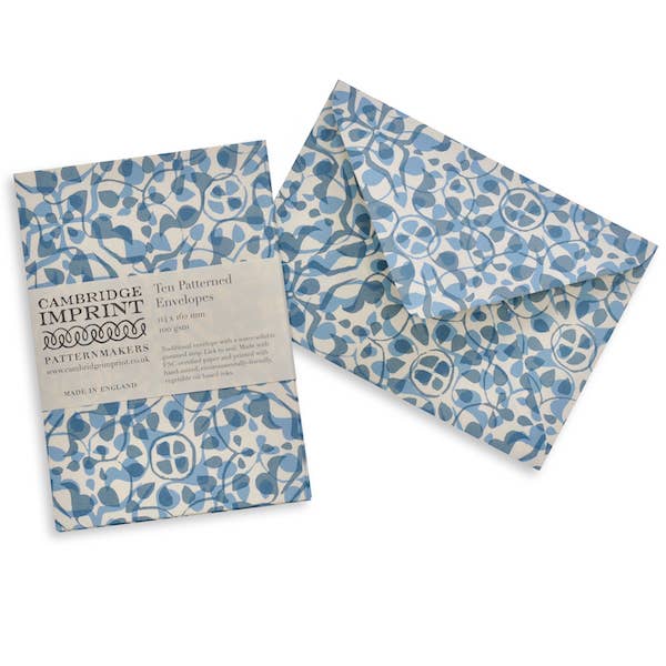 Cambridge Imprint patterned envelopes with packaging on a white background