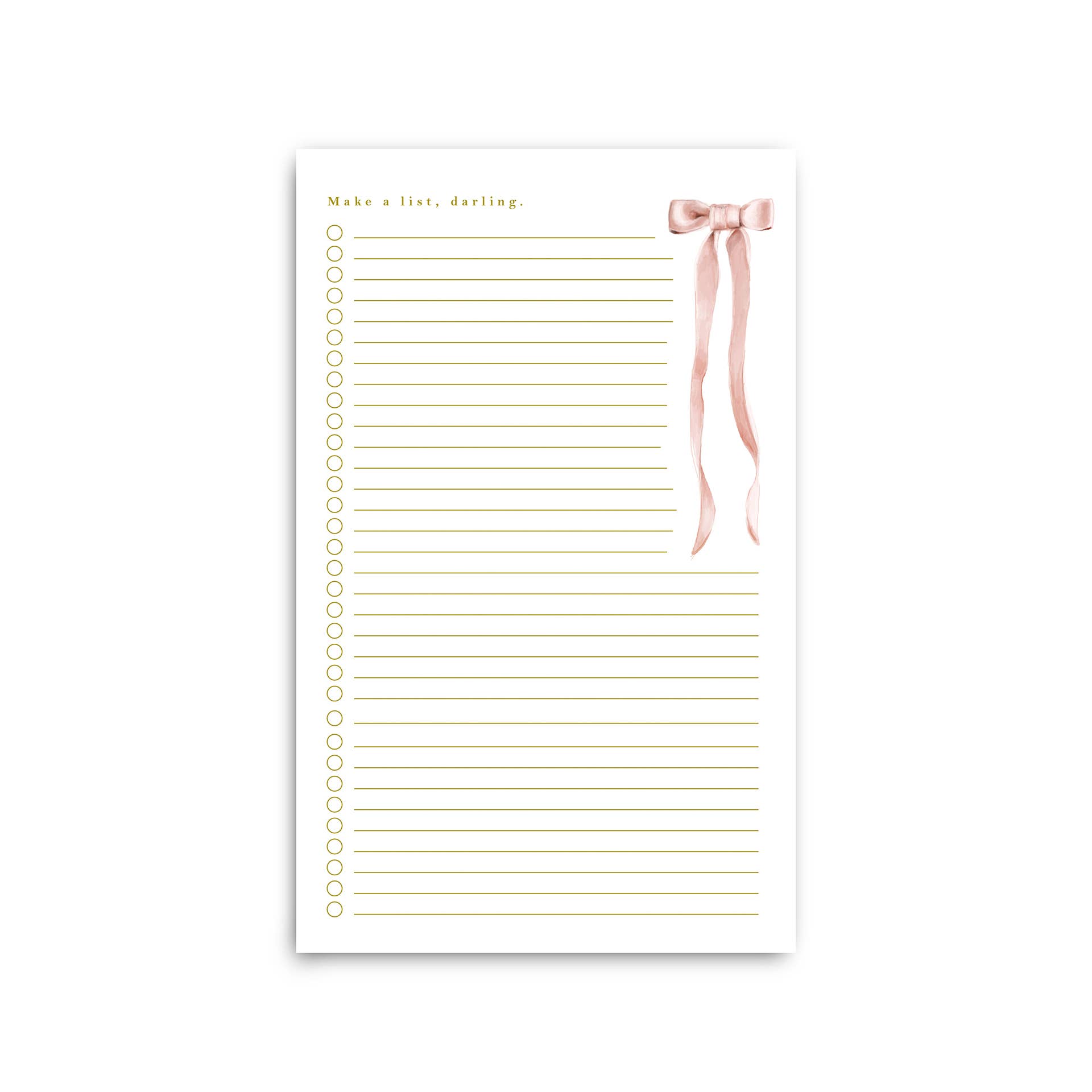 Notepad with gold text and a pink ribbon on a white background