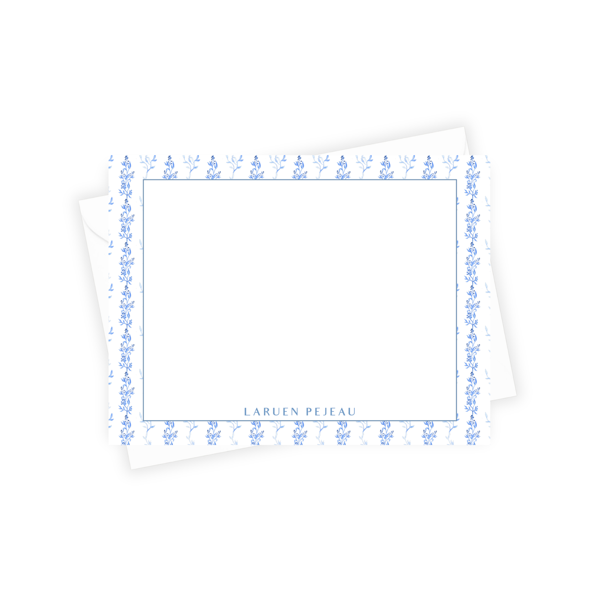 Note card with blue floral border and 'Lauren Peiho' text on a white background