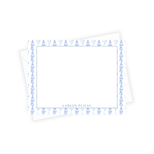 Note card with blue floral border and 'Lauren Peiho' text on a white background