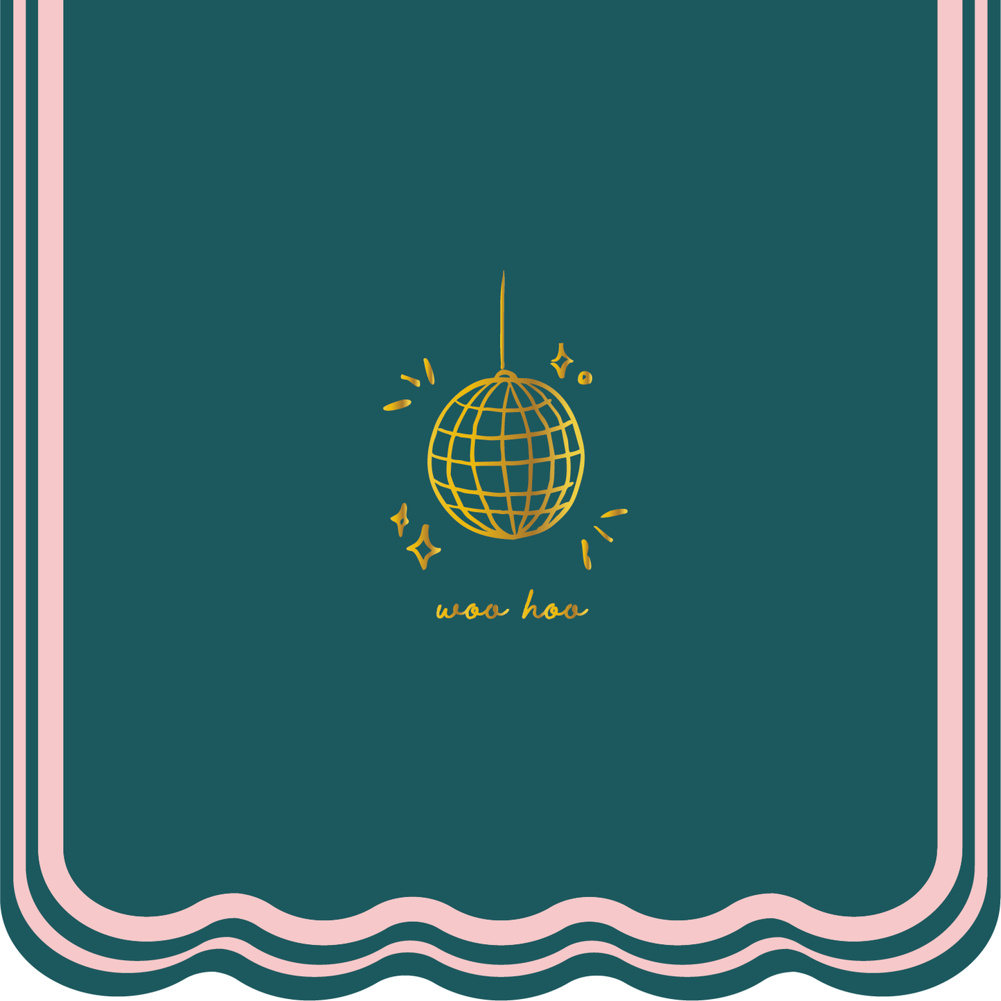 Green notebook with a gold disco ball illustration and 'woohoo' text, framed by pink wavy lines.