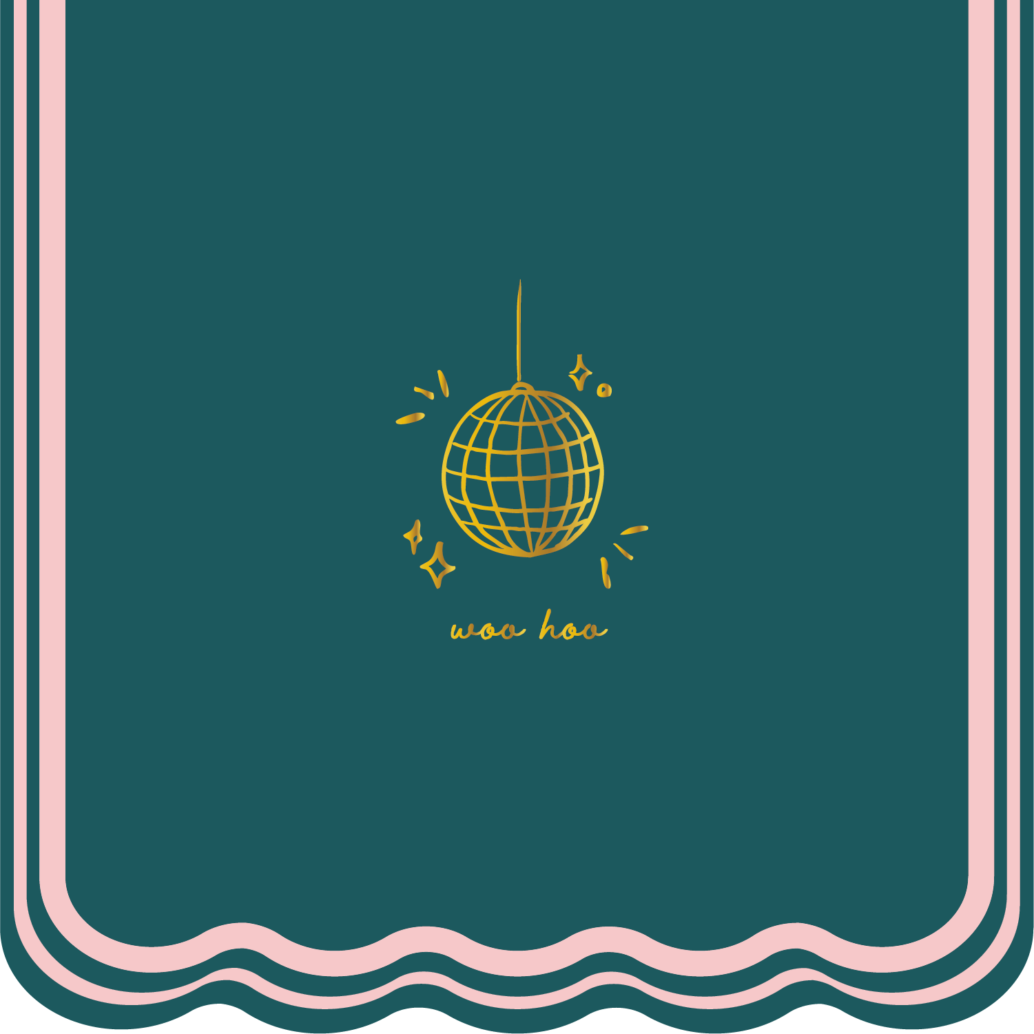 Green notebook with a gold disco ball illustration and 'woohoo' text, framed by pink wavy lines.