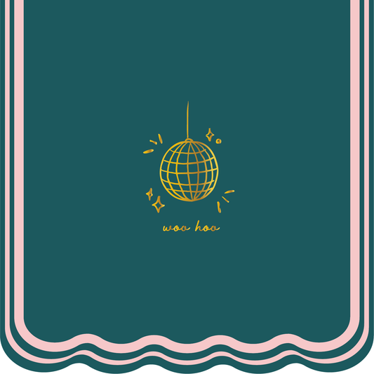 Green notebook with a gold disco ball illustration and 'woohoo' text, framed by pink wavy lines.