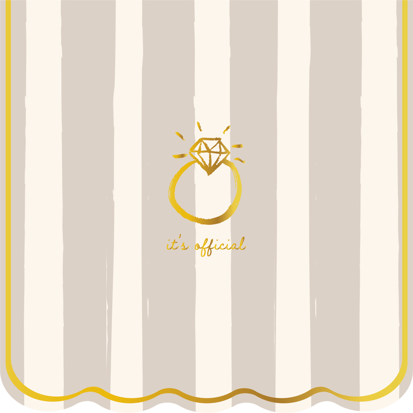 Card with gold diamond ring illustration and 'it's official' text on striped background