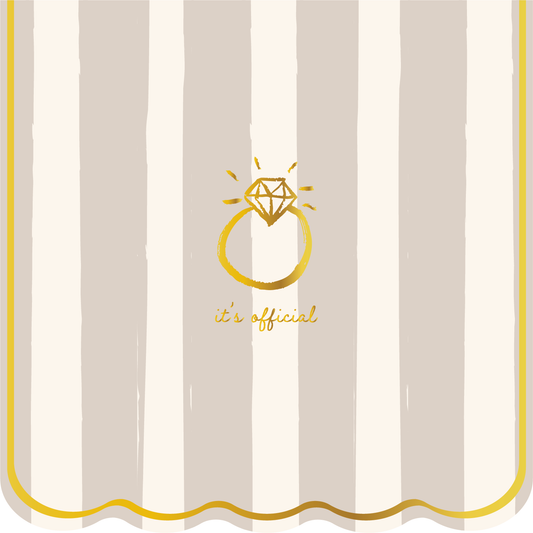 Card with gold diamond ring illustration and 'it's official' text on striped background