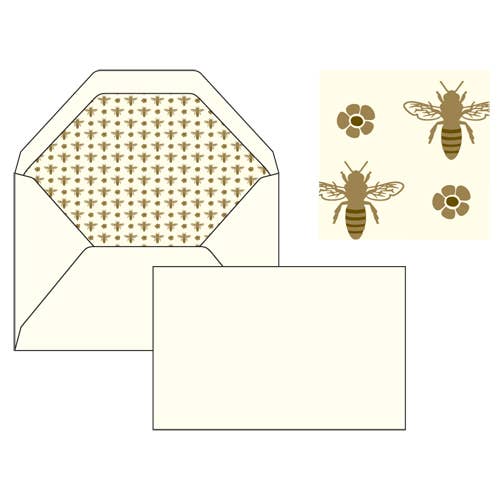 Set of stationery items with bee and flower designs on a white background