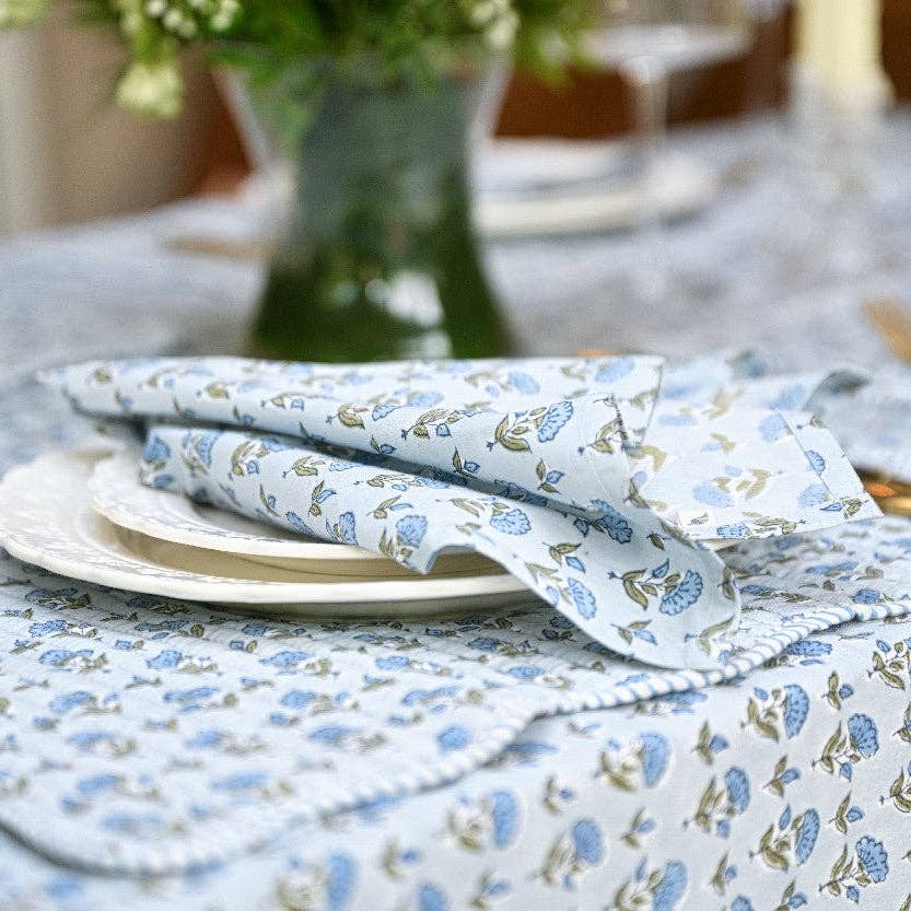 Block Printed Napkins Set of 4 - Ditsy Floral Blue Stone