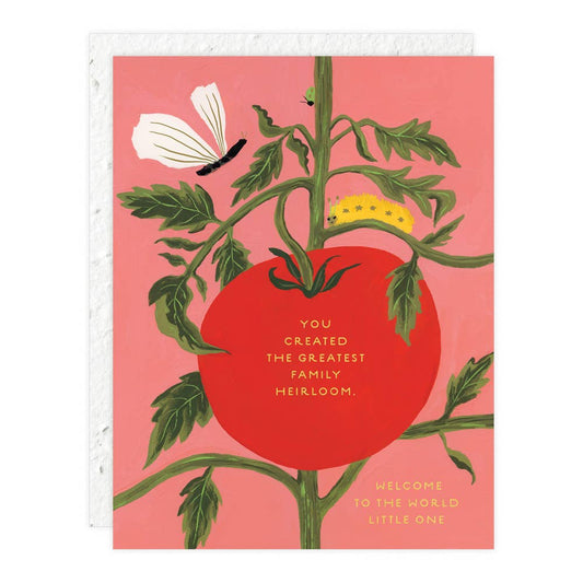 Greeting card with a tomato illustration and text on a pink background