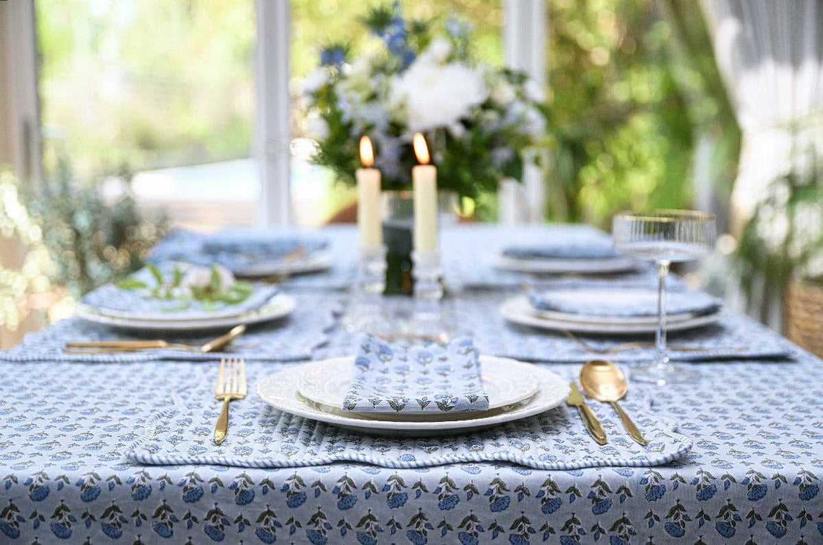 Block Printed Ruffled Tablecloth - Ditsy Floral Blue Stone