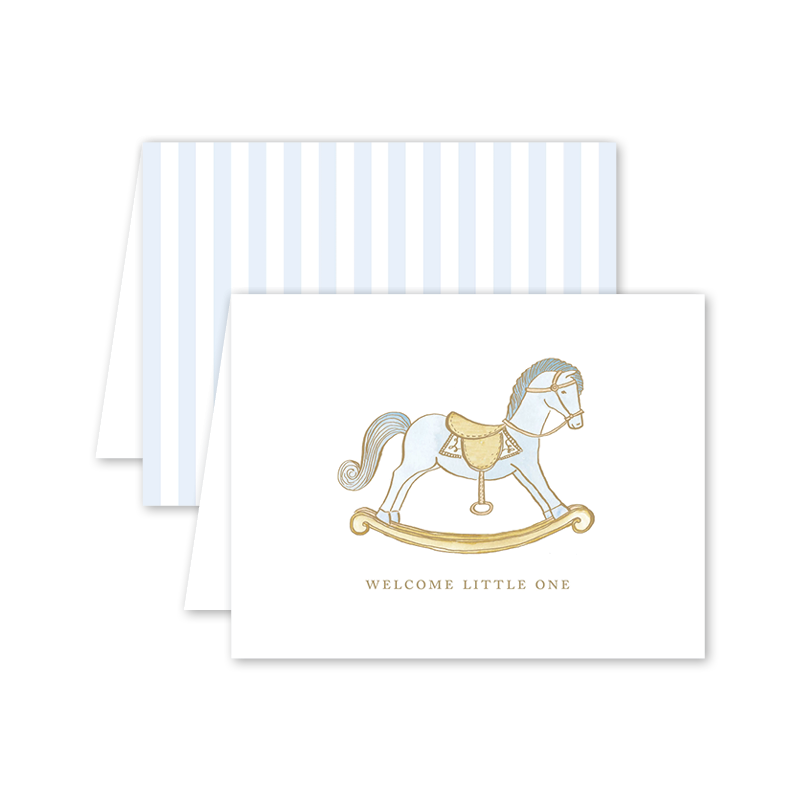 blue rocking horse stationary 
baby welcome note card