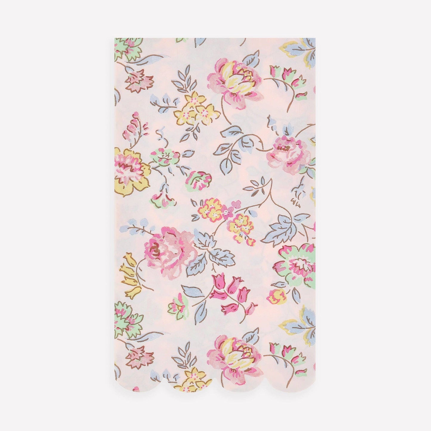 Floral patterned fabric swatch on a light pink background