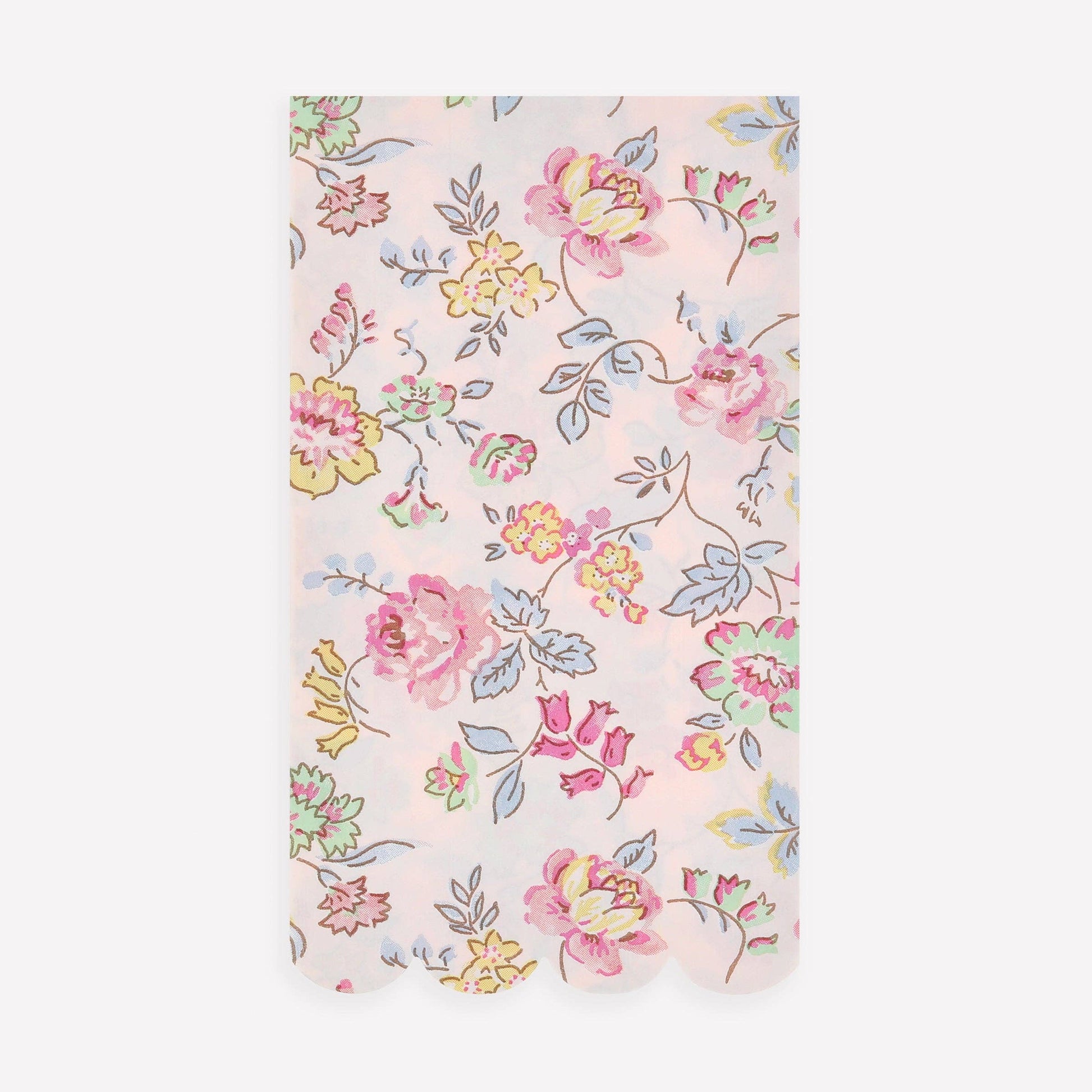 Floral patterned fabric swatch on a light pink background