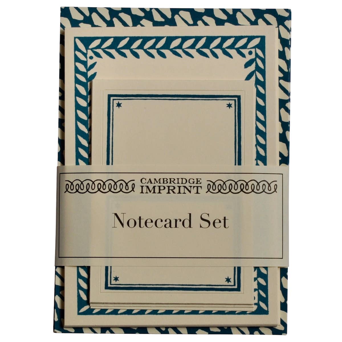 Cambridge Imprint notecard set with decorative border on beige background
