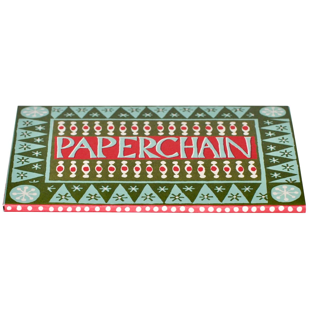Decorative mat with 'Paperchain' text and geometric patterns on a white background