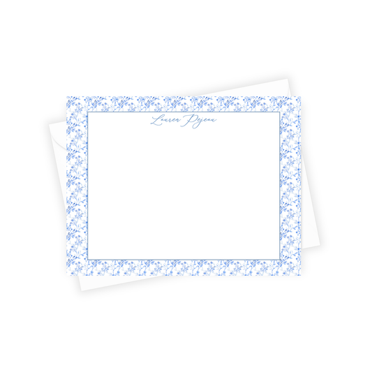 Note card with blue floral border and 'Lavera Daydream' text on a white background