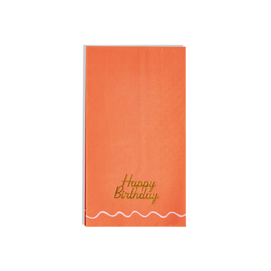 Orange napkin with 'Happy Birthday' text on a white background