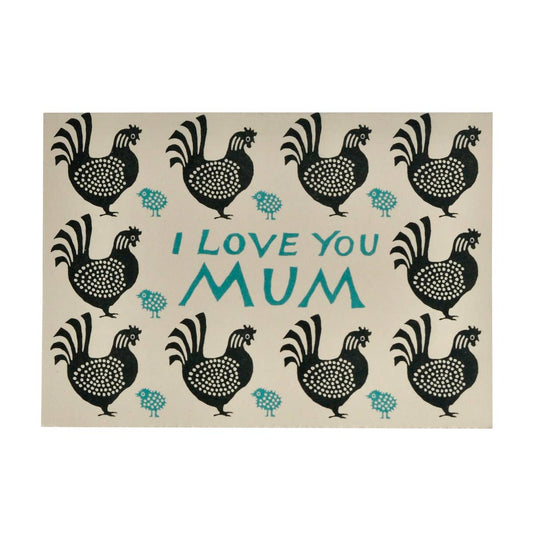Rug with rooster pattern and 'I Love You Mum' text on a beige background