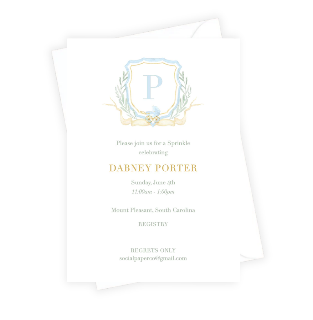Invitation card with a decorative emblem and text on a white background