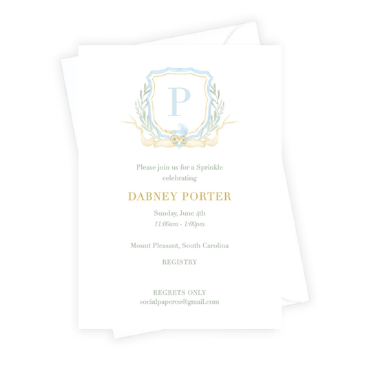 Invitation card with a decorative emblem and text on a white background