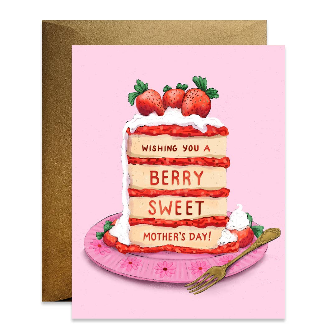 Greeting card with a strawberry cake illustration and 'Berry Sweet Mother's Day' text on a pink background.