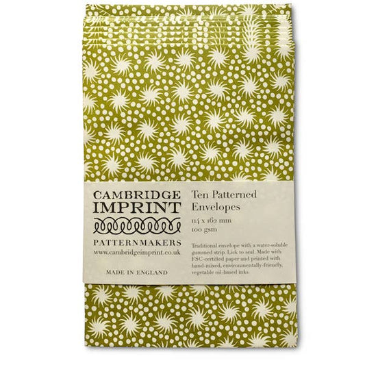Pack of Cambridge Imprint patterned envelopes with green and white design