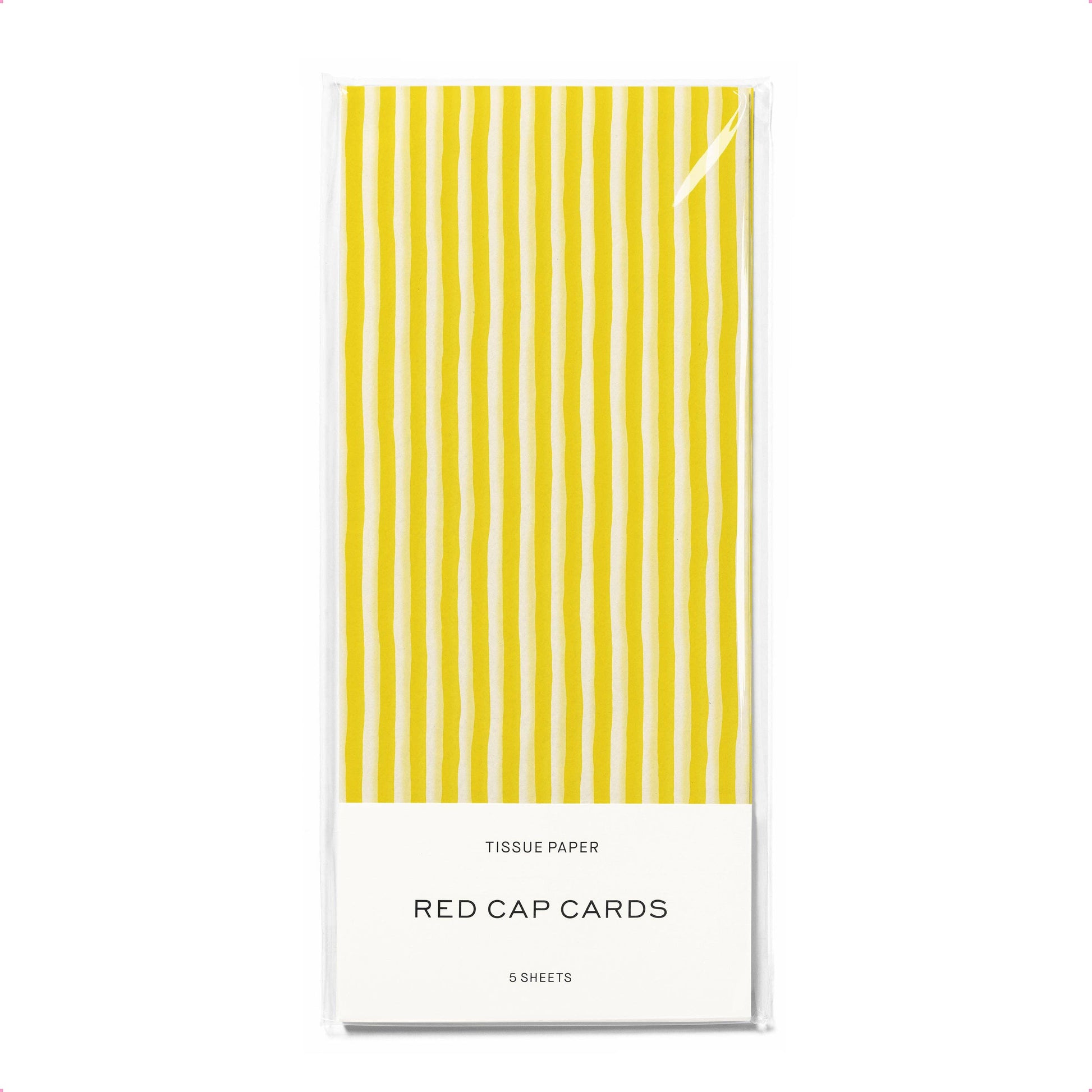 Yellow striped tissue paper packaging with 'Red Cap Cards' branding on a white background