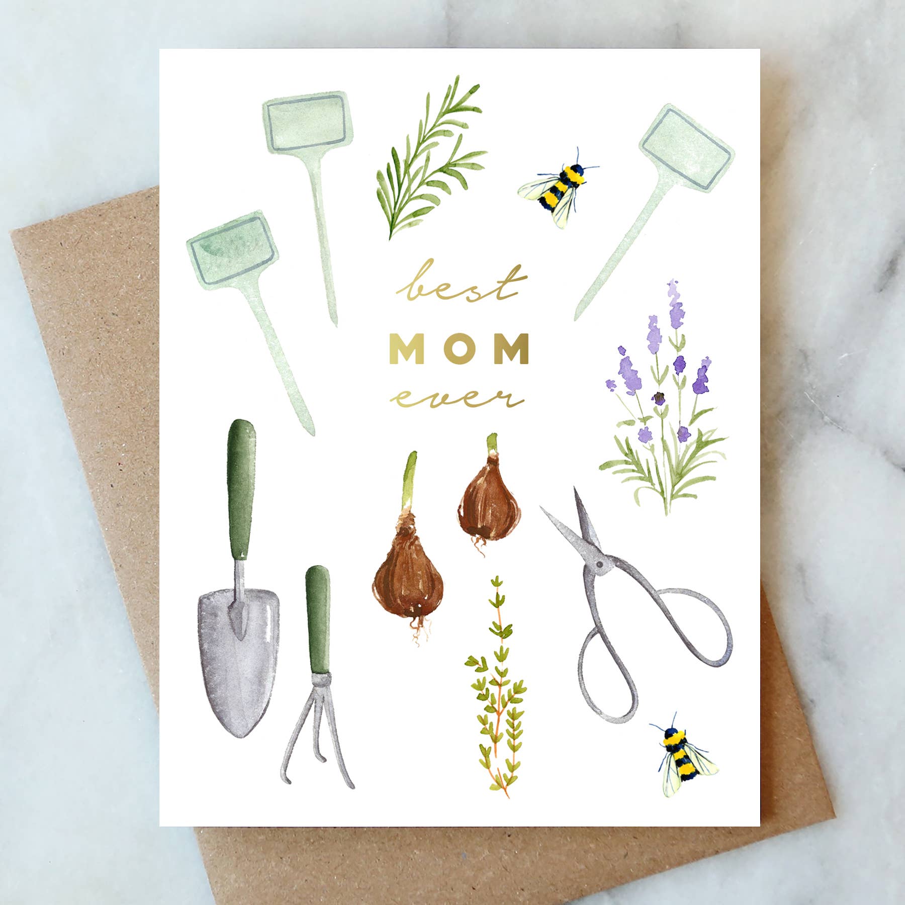 Greeting card with gardening tools and plants on a white background