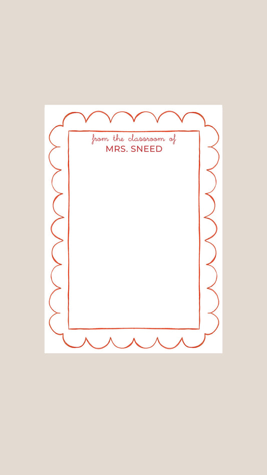 Note card with scalloped border and text 'from the classroom of '