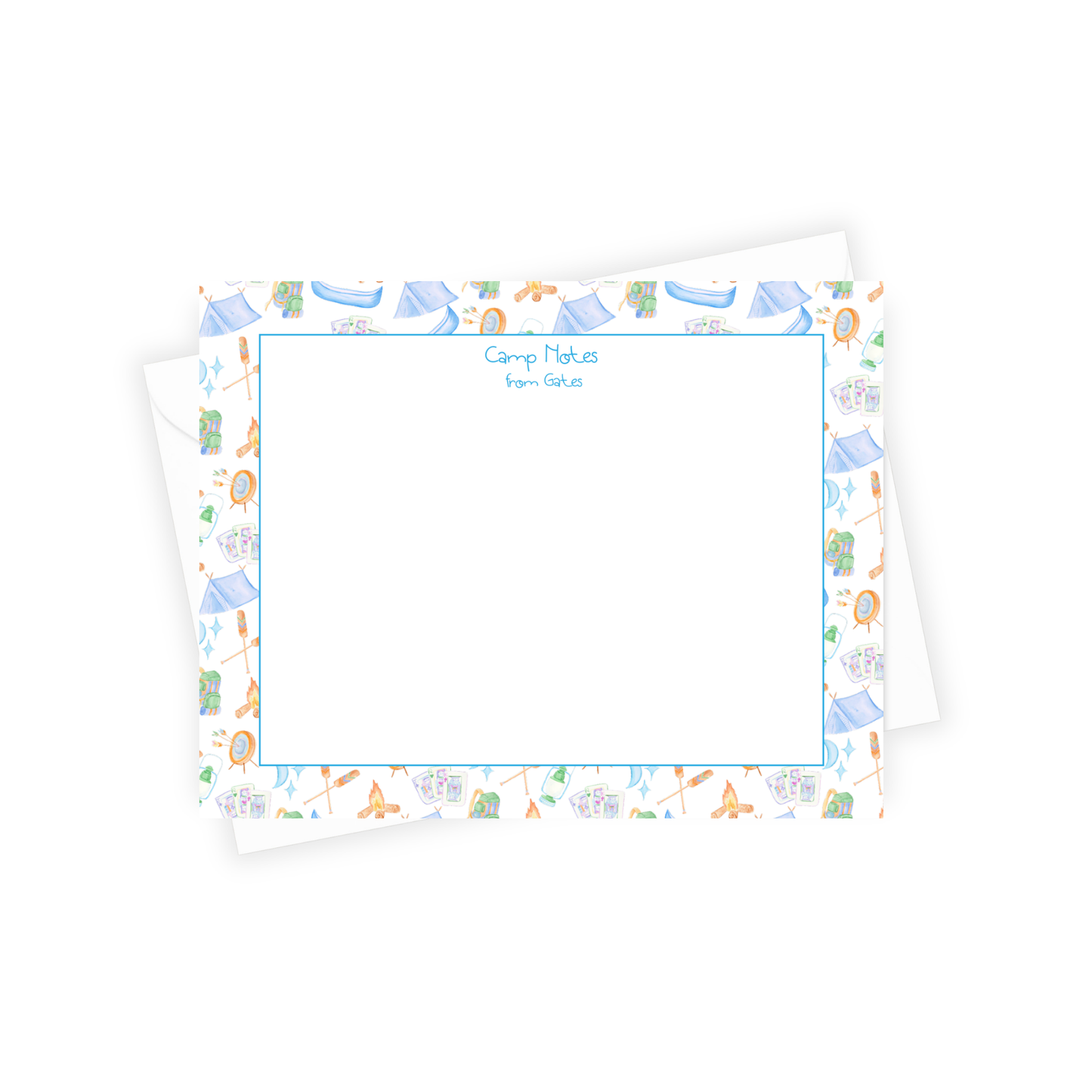 Note card with colorful border featuring camping-themed illustrations on a white background