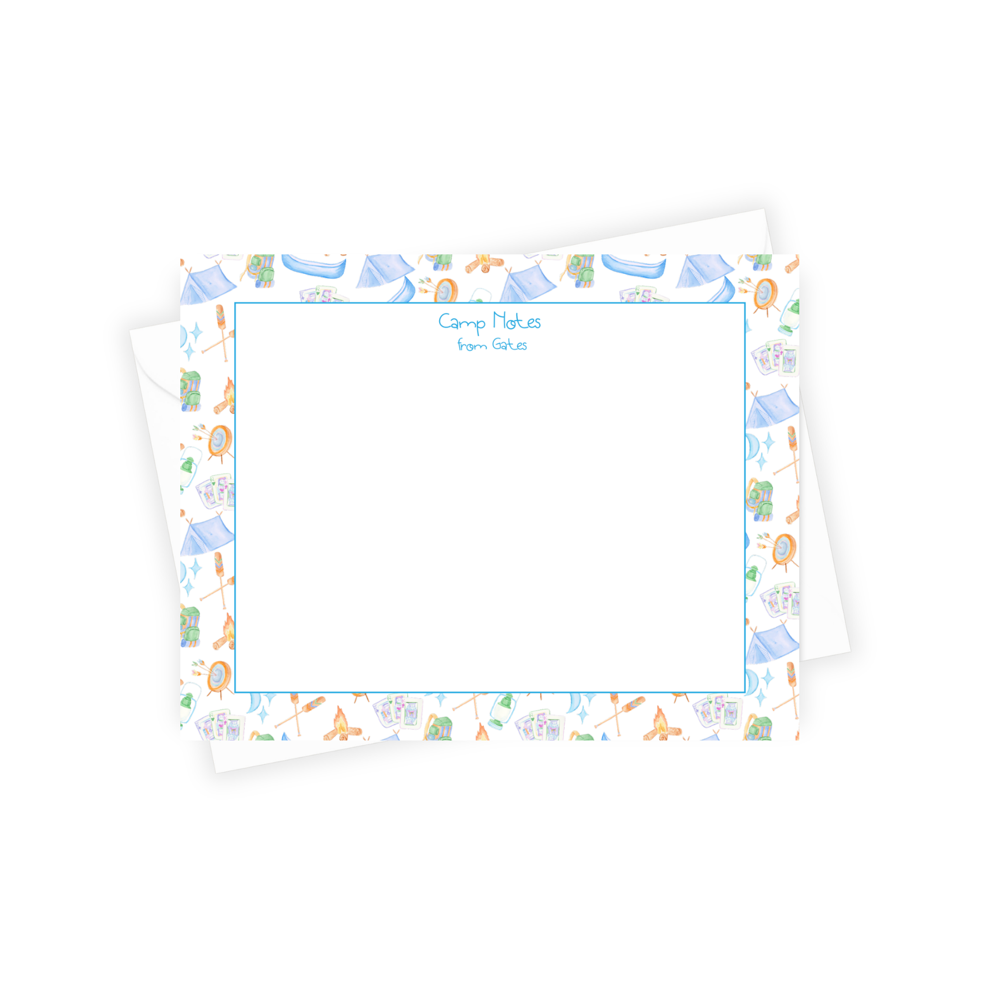 Note card with colorful border featuring camping-themed illustrations on a white background