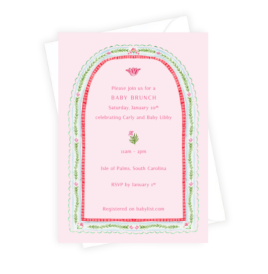 Baby brunch invitation with decorative border on pink background