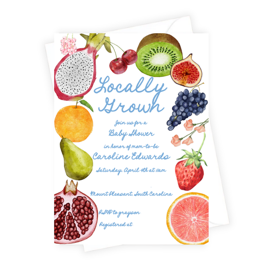 Fruit-themed baby shower invitation with colorful fruits on a white background