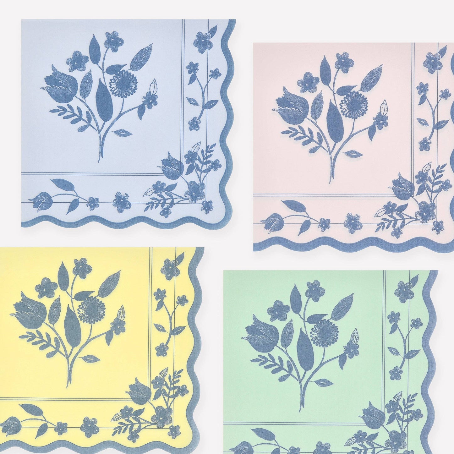 Four squares with floral patterns on a pastel background
