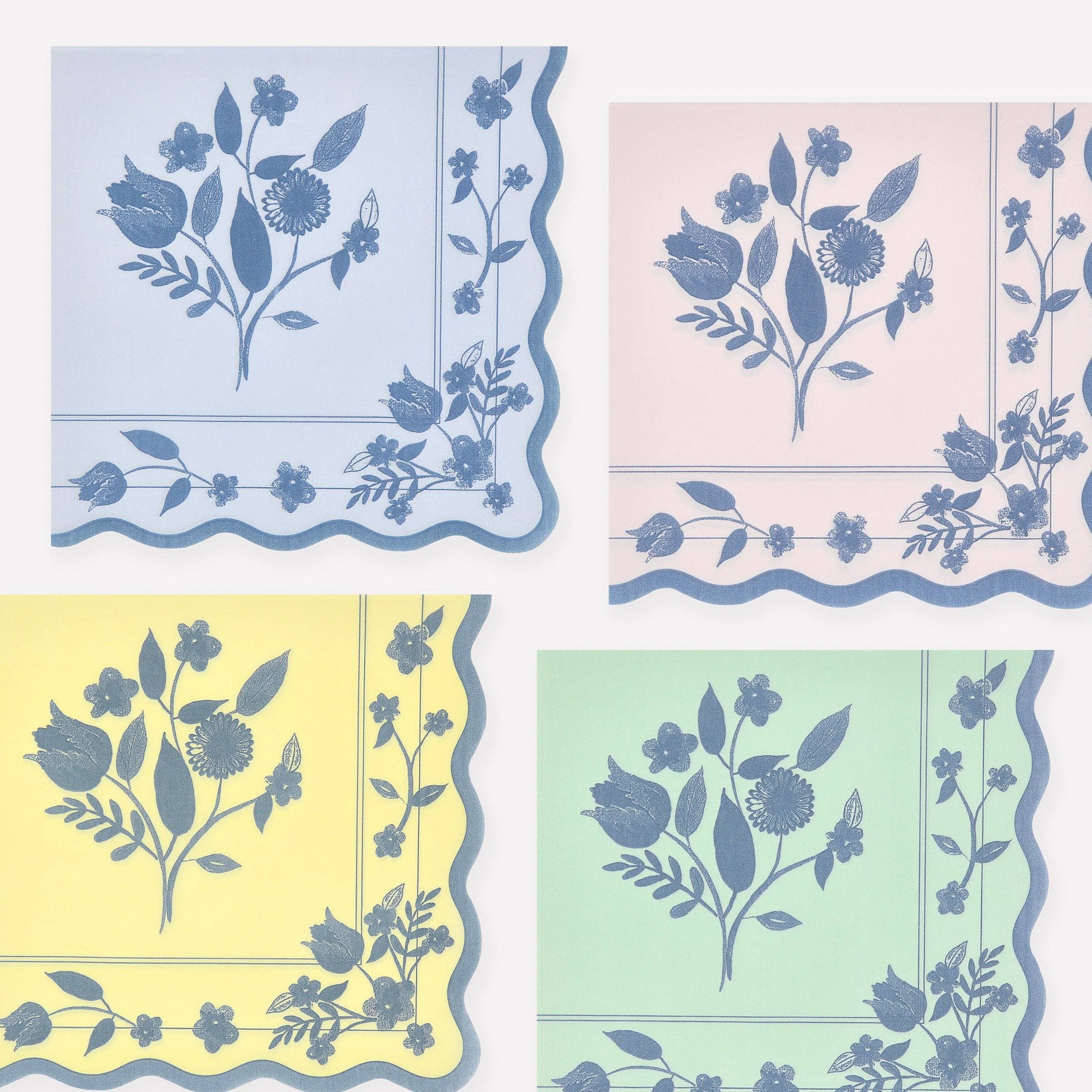 Four squares with floral patterns on a pastel background